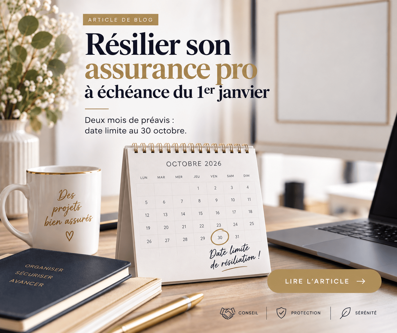 Calendrier posé sur un bureau, date limite de résiliation d'un contrat d'assurance professionnelle entourée au 30 octobre